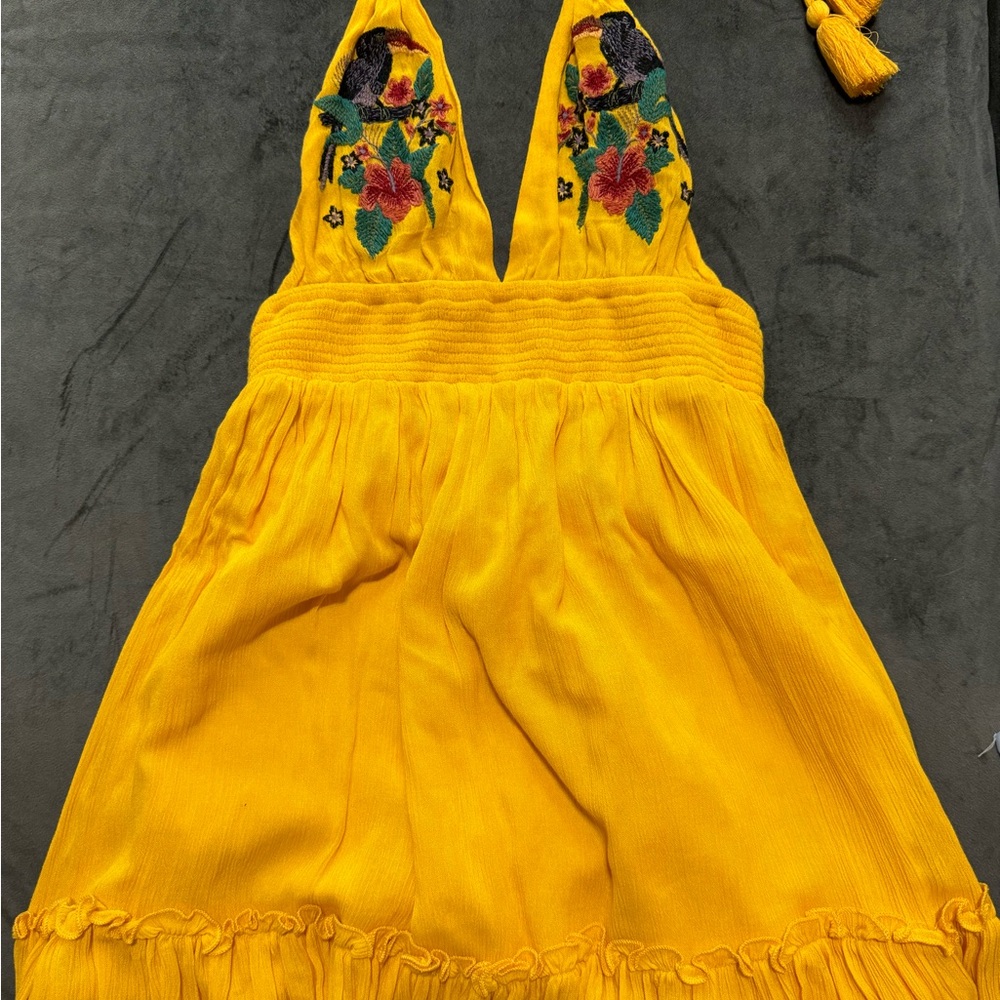 Yellow Embroidered Halter Dress